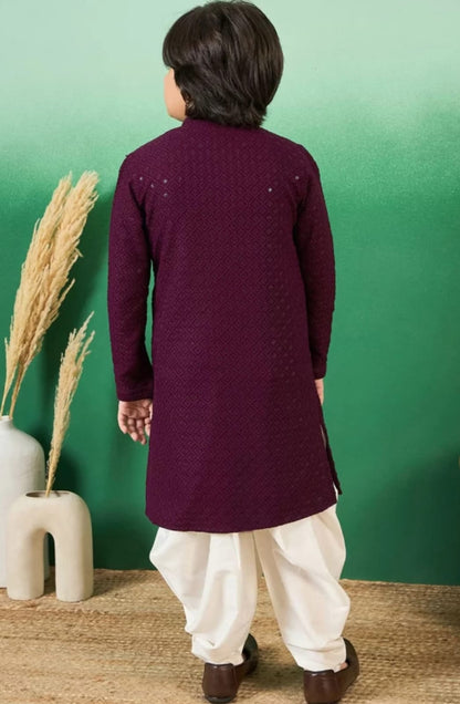 Boys Maroon Embroidered Thread Work Cotton Full Sleeve Kurta
