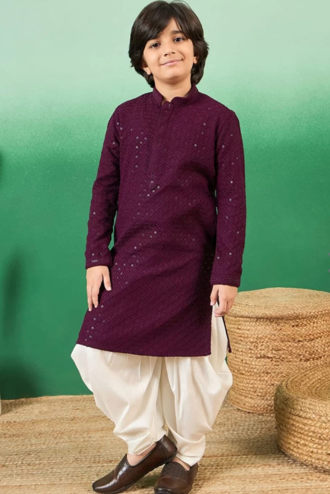 Boys Maroon Embroidered Thread Work Cotton Full Sleeve Kurta