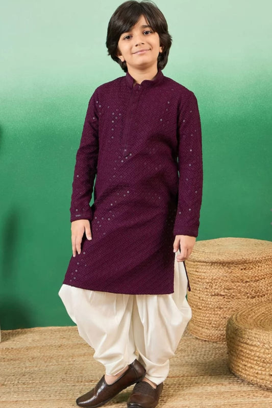 Boys Maroon Embroidered Thread Work Cotton Full Sleeve Kurta
