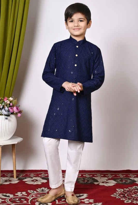 Boys Navy Blue Floral Embroidered Band Collar Sequins Straight Kurta
