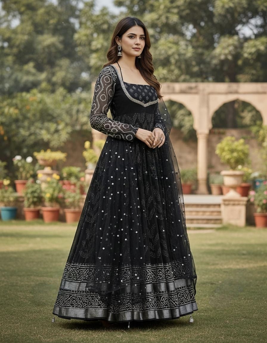Printed & Embroidered Net Anarkali Suit with Flared Bottom