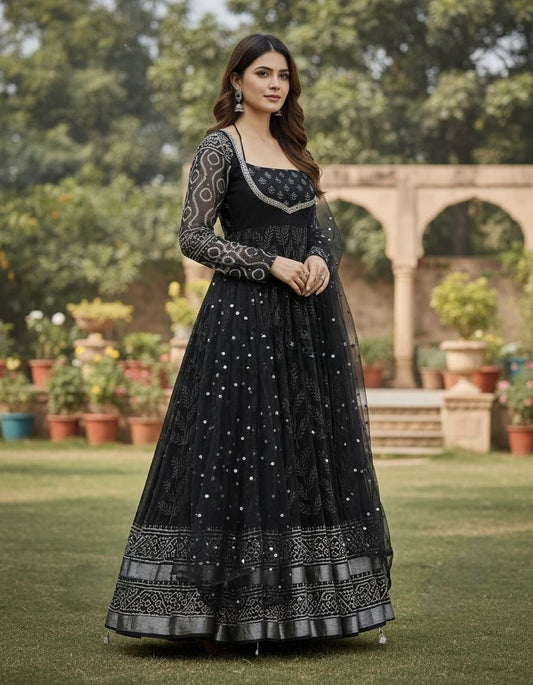 Printed & Embroidered Net Anarkali Suit with Flared Bottom