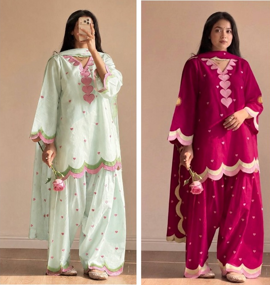 Rani Pink Heart Embroidered Blend Kurta with & Dupatta