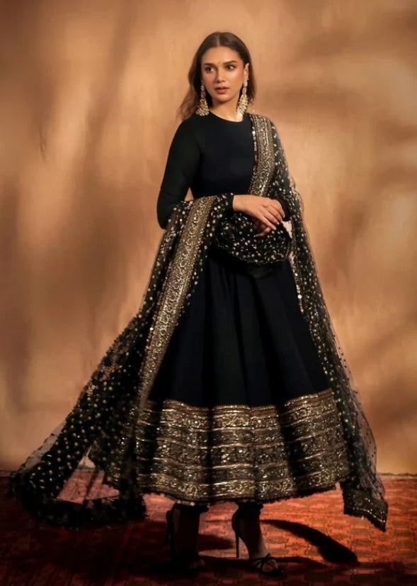 Black Faux Georgette Embroidered Straight Kurta