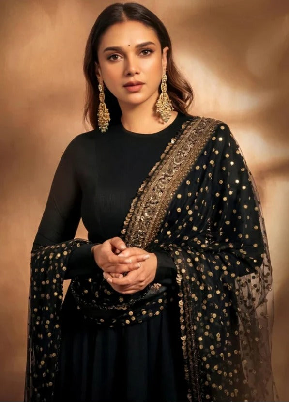Black Faux Georgette Embroidered Straight Kurta