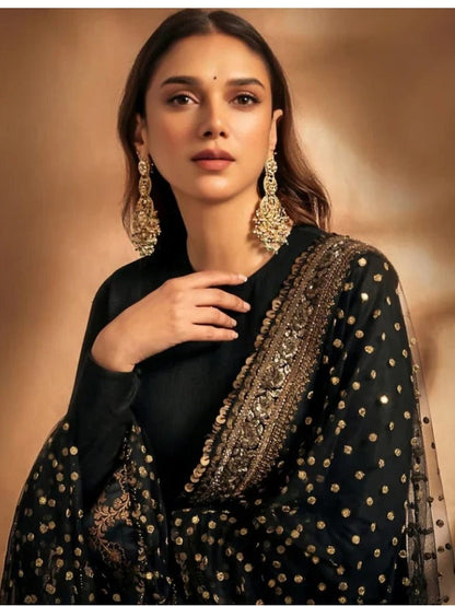 Black Faux Georgette Embroidered Straight Kurta