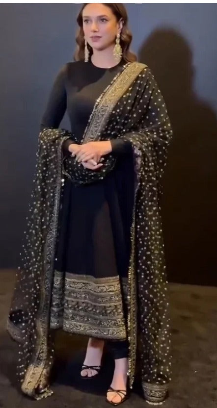 Black Faux Georgette Embroidered Straight Kurta