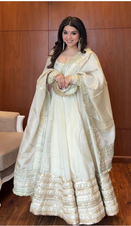 Ivory White Embroidered Silk Anarkali Gown