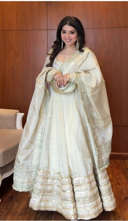 Ivory White Embroidered Silk Anarkali Gown
