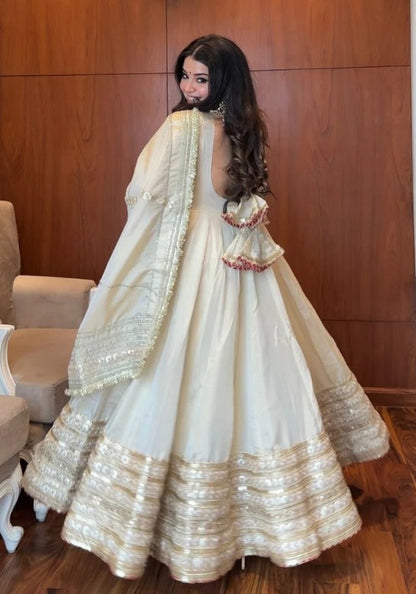 Ivory White Embroidered Silk Anarkali Gown
