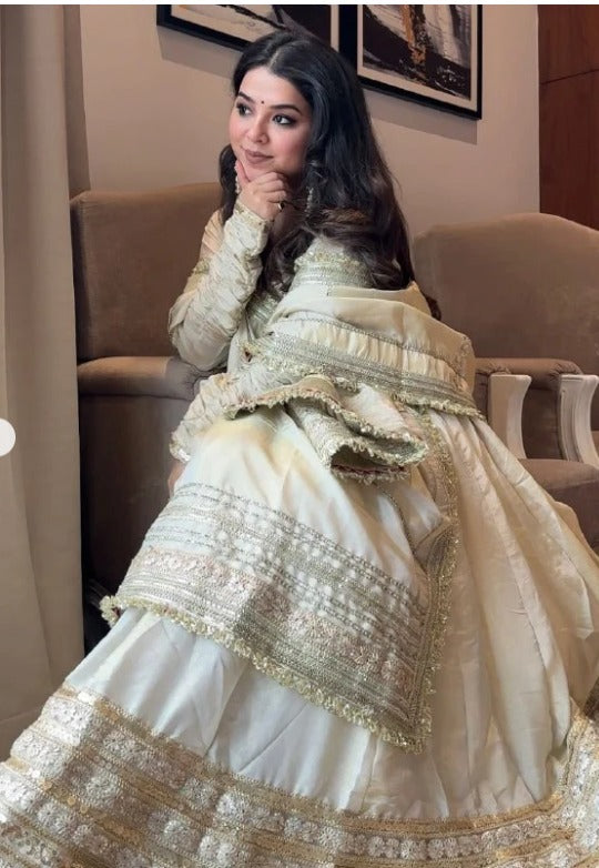 Ivory White Embroidered Silk Anarkali Gown
