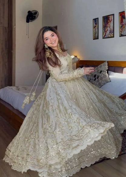 Champagne Ivory Embroidered  Anarkali Gown