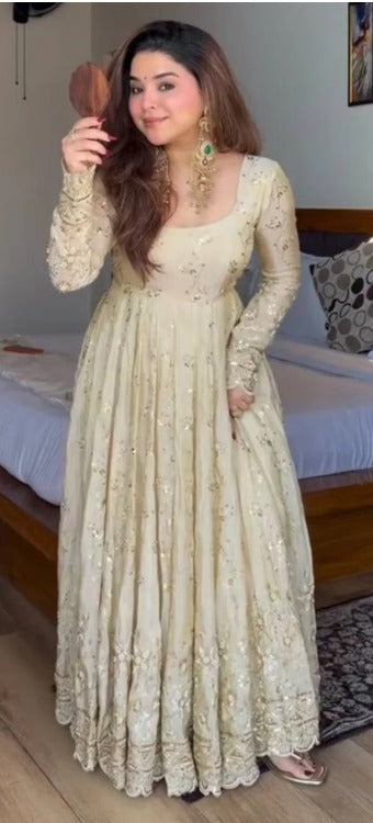 Champagne Ivory Embroidered  Anarkali Gown