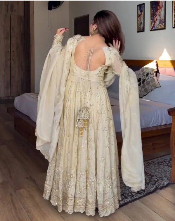 Champagne Ivory Embroidered  Anarkali Gown