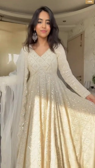 Ivory White Embroidered Net Anarkali Gown