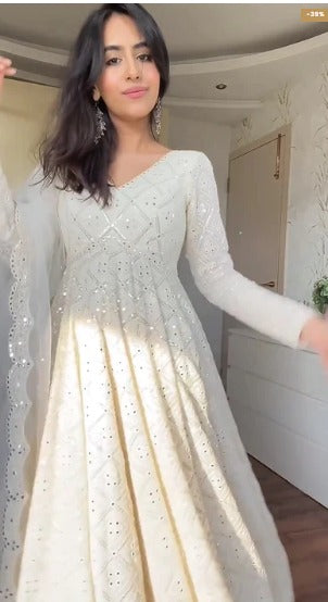 Ivory White Embroidered Net Anarkali Gown