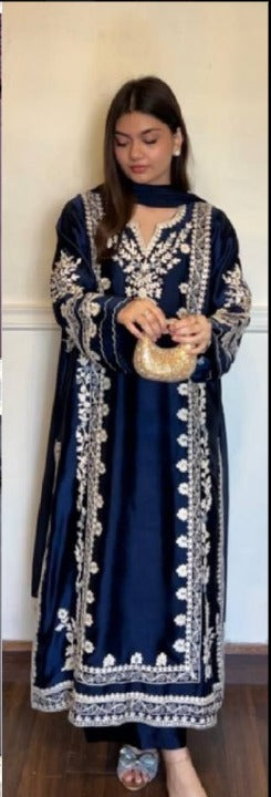 Wine Floral Embroidered Rayon Straight Suit Set with Pants & Dupatta