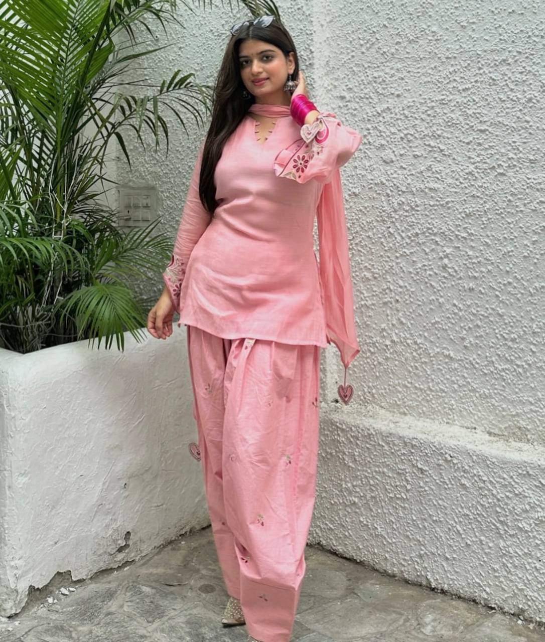 Pastel Pink Floral Embroidered Cotton Straight Kurta with Farshi salwar