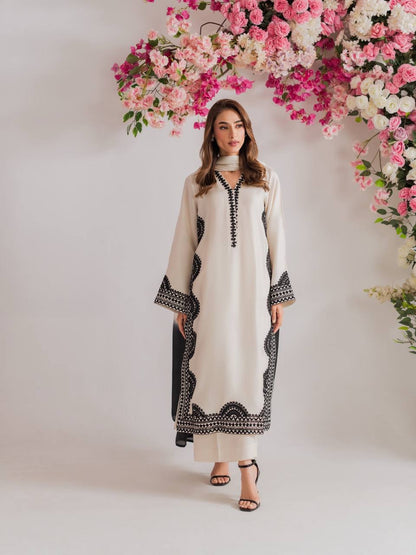 Black & Ivory Embroidered Straight Kurta with Matching Straight Pants