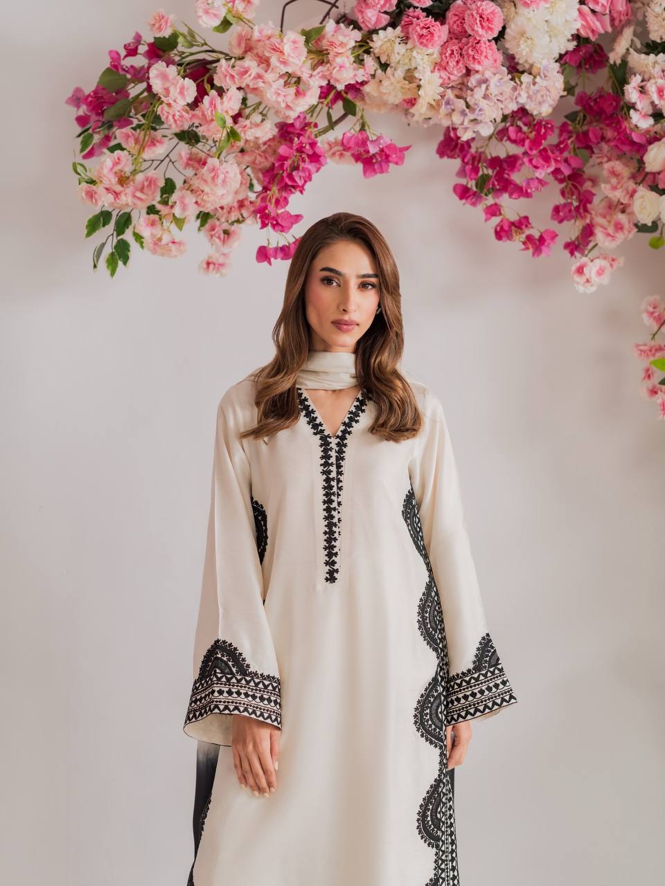 Black & Ivory Embroidered Straight Kurta with Matching Straight Pants