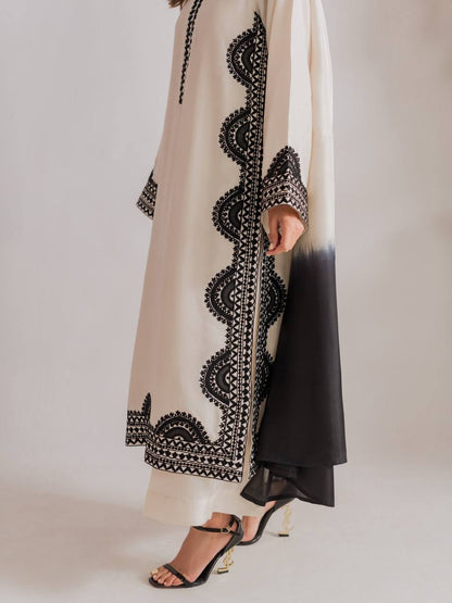 Black & Ivory Embroidered Straight Kurta with Matching Straight Pants