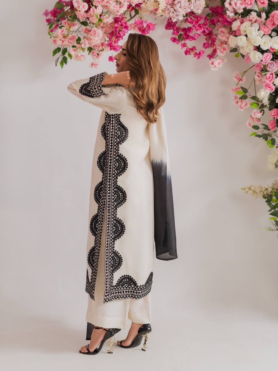 Black & Ivory Embroidered Straight Kurta with Matching Straight Pants