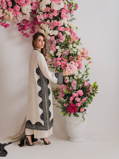 Black & Ivory Embroidered Straight Kurta with Matching Straight Pants