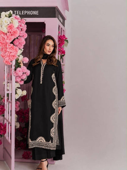Black & Ivory Embroidered Straight Kurta with Matching Straight Pants