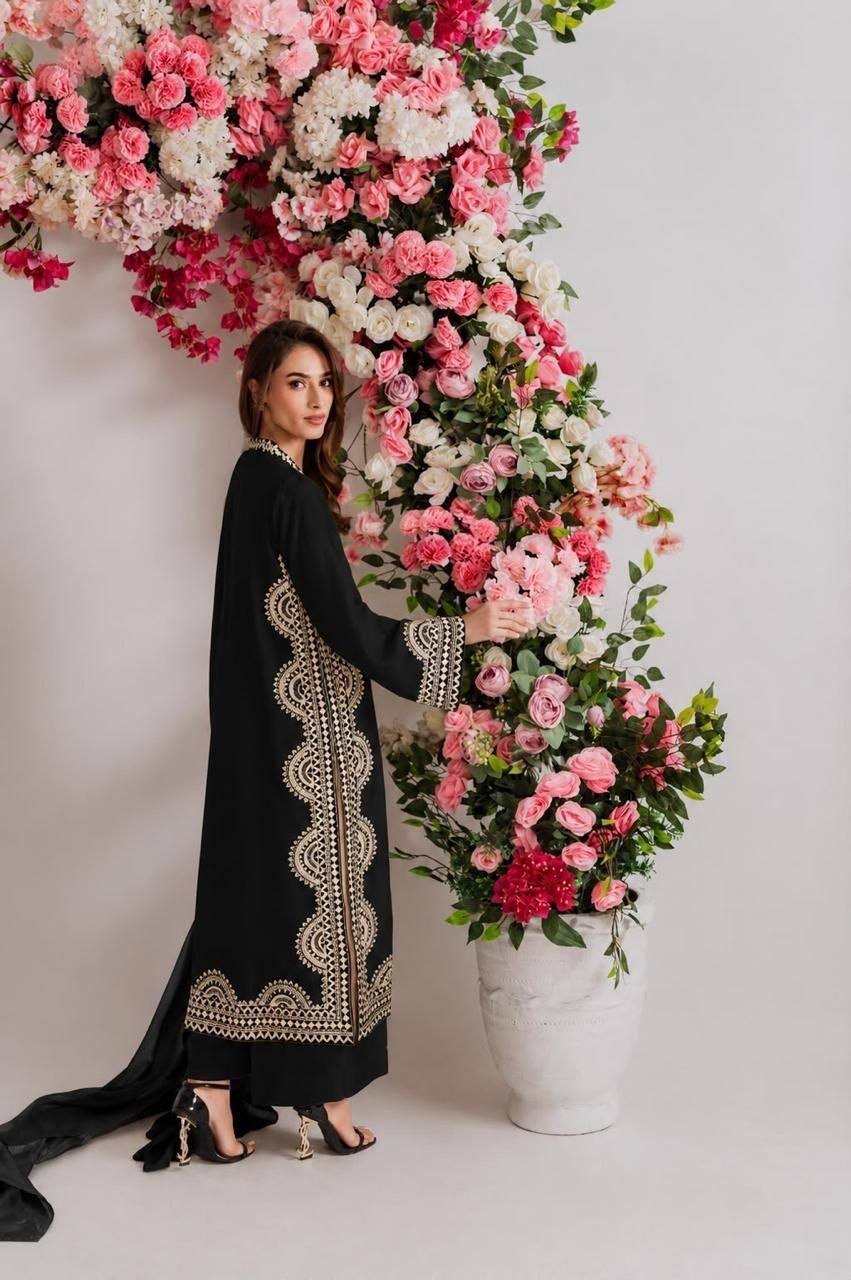 Black & Ivory Embroidered Straight Kurta with Matching Straight Pants