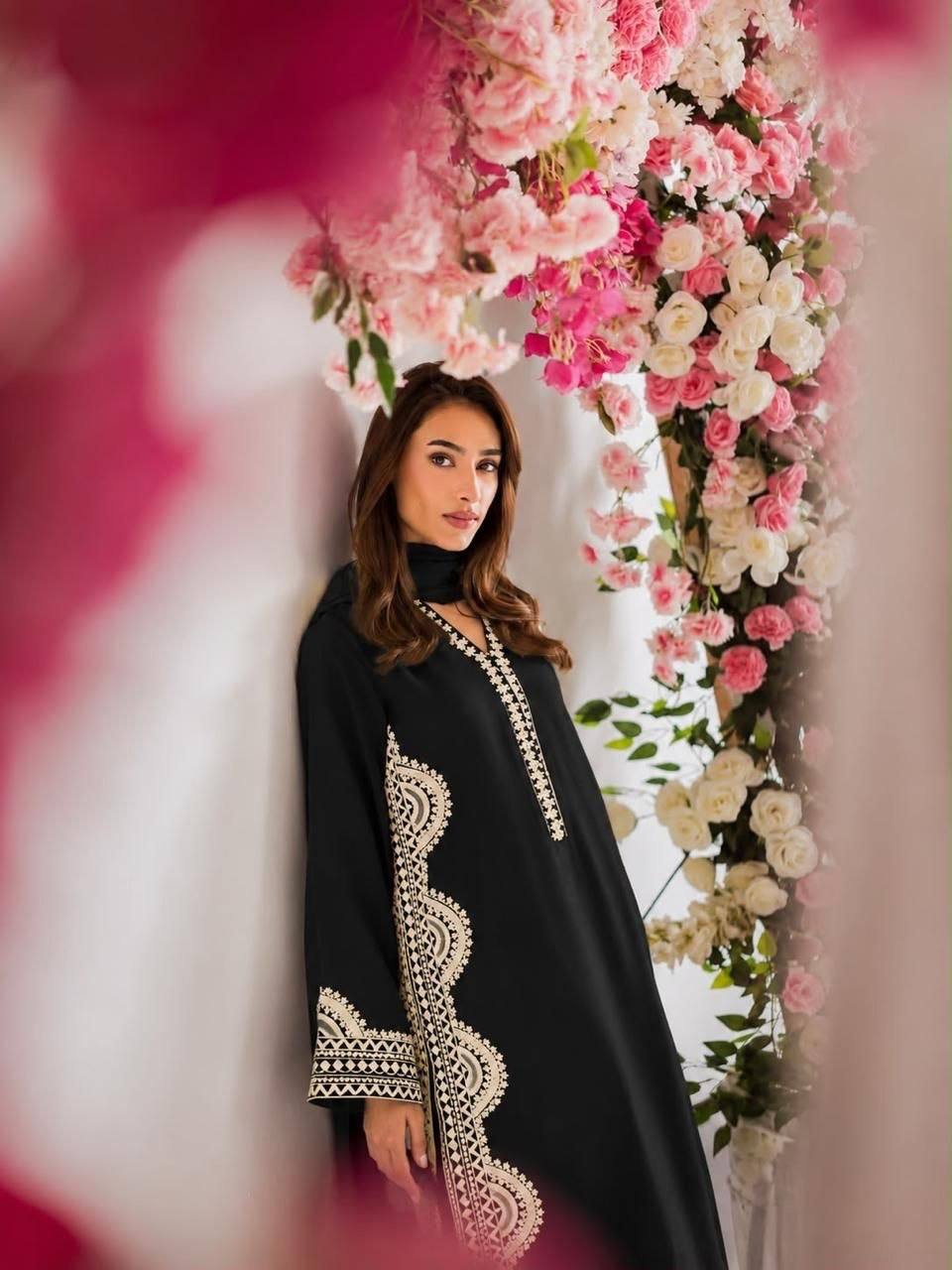 Black & Ivory Embroidered Straight Kurta with Matching Straight Pants