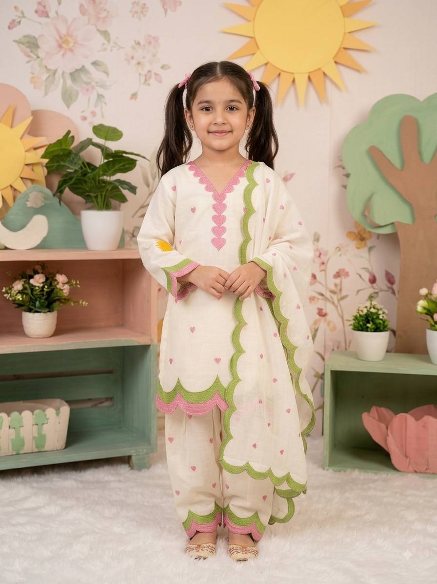 Ivory Pink Heart Embroidered Thread Work Farshi Salwar Suit Set