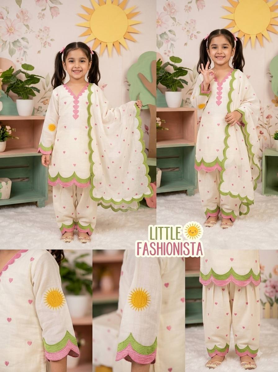 Ivory Pink Heart Embroidered Thread Work Farshi Salwar Suit Set