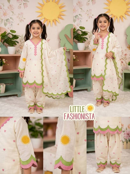 Ivory Pink Heart Embroidered Thread Work Farshi Salwar Suit Set