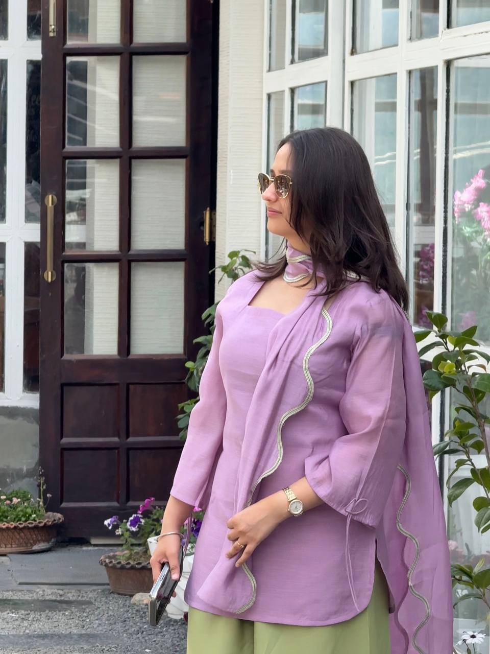 Lavender & Pastel Green Embroidered Rayon Blend Kurta with Matching Pants