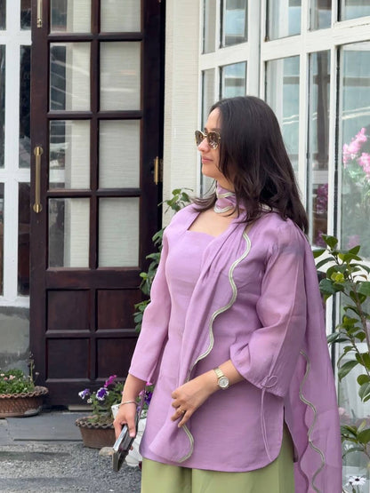 Lavender & Pastel Green Embroidered Rayon Blend Kurta with Matching Pants