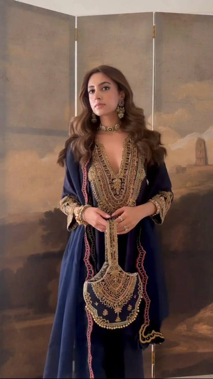 Navy Blue Heavy Embroidered Kurta Set