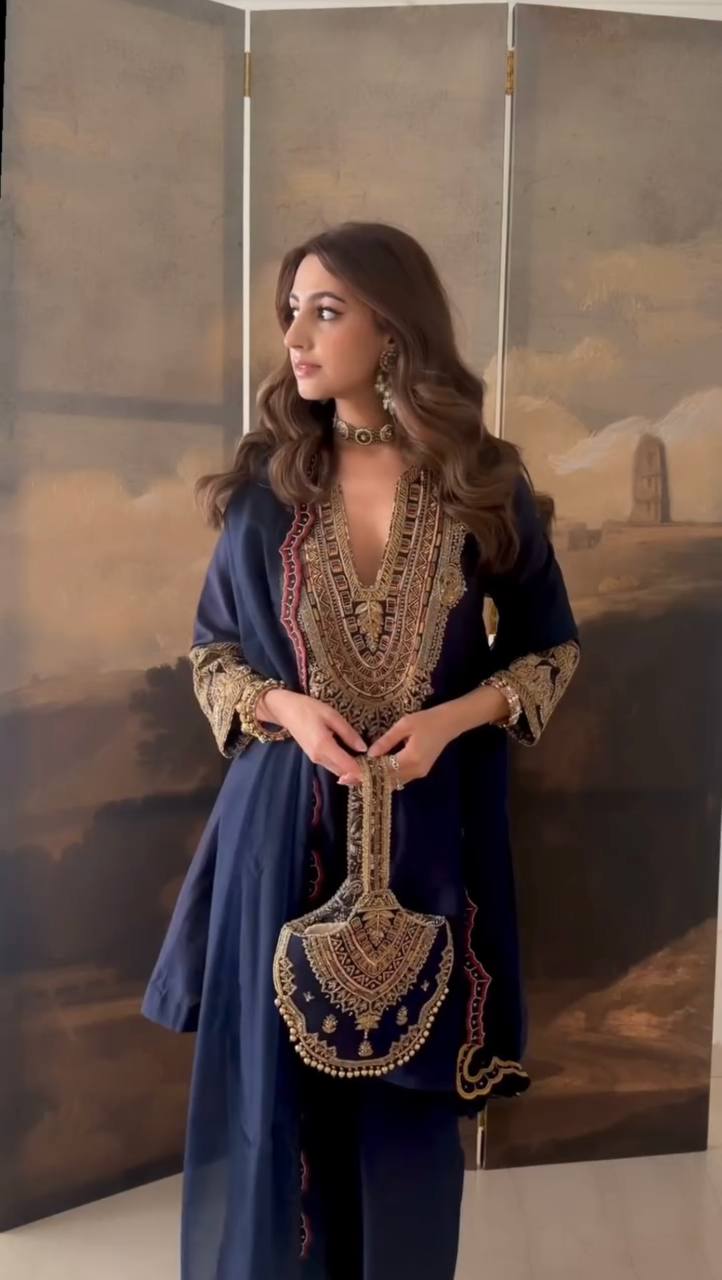 Navy Blue Heavy Embroidered Kurta Set