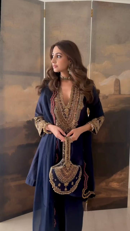 Navy Blue Heavy Embroidered Kurta Set