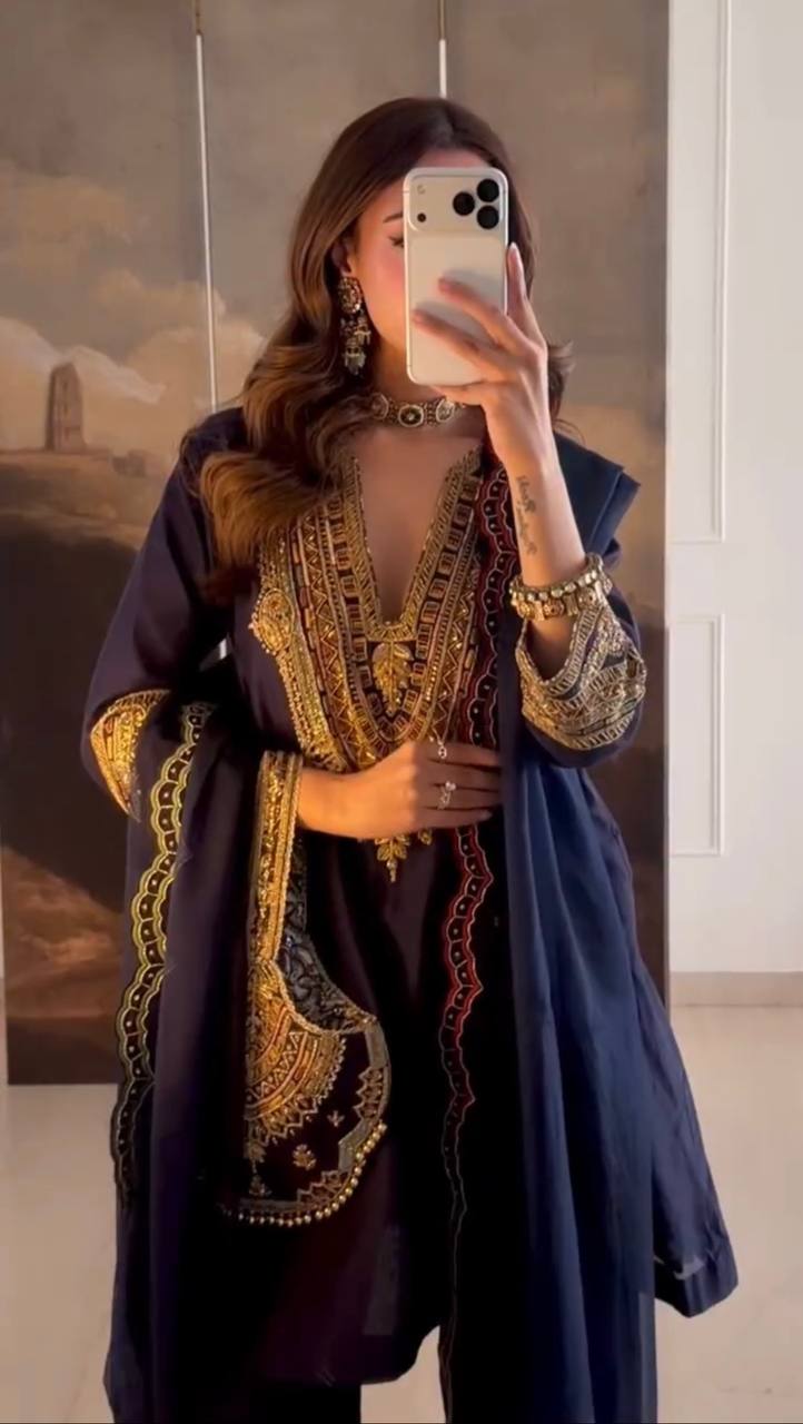 Navy Blue Heavy Embroidered Kurta Set