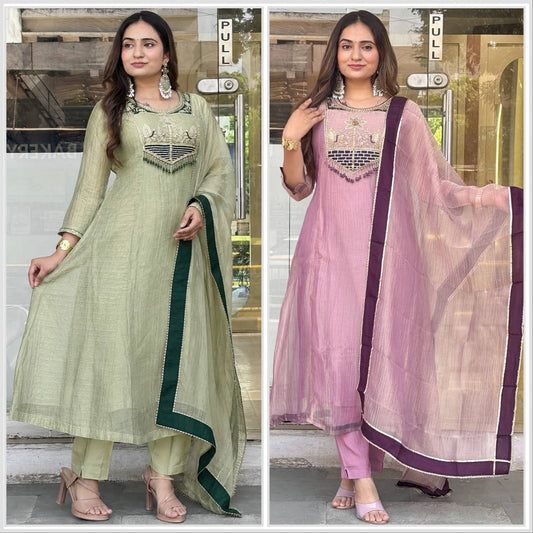 Pastel Green & Pink Embroidered Cotton Blend Straight Kurta with Matching Pants
