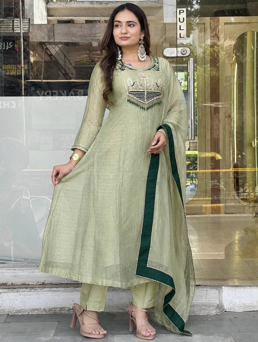 Pastel Green & Pink Embroidered Cotton Blend Straight Kurta with Matching Pants