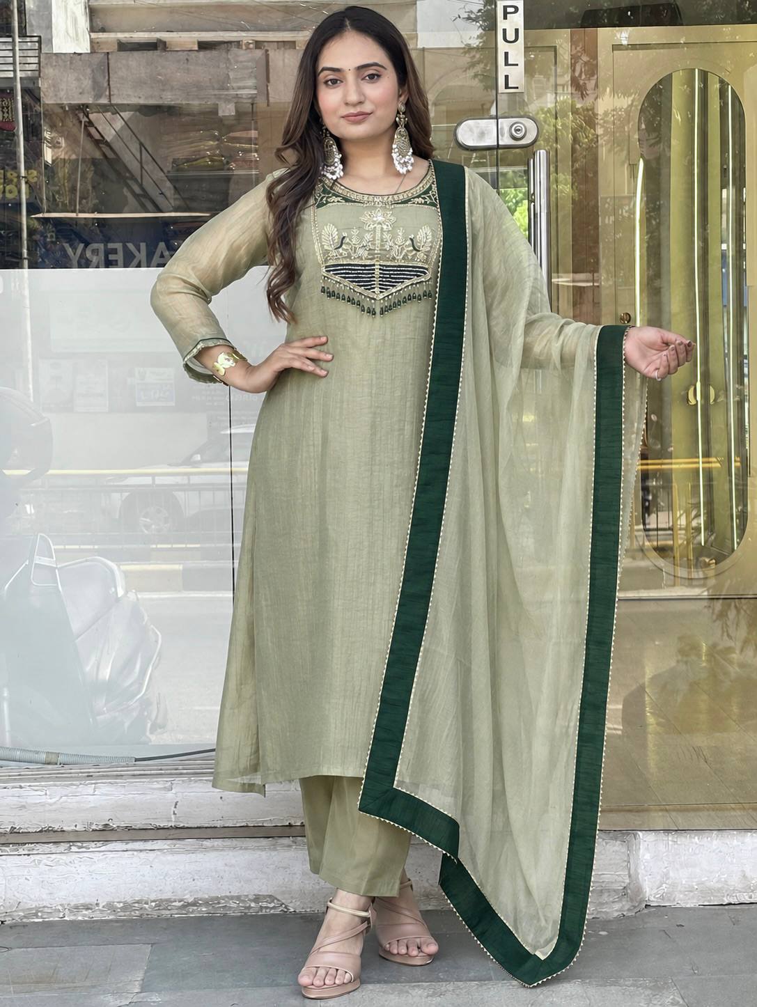 Pastel Green & Pink Embroidered Cotton Blend Straight Kurta with Matching Pants