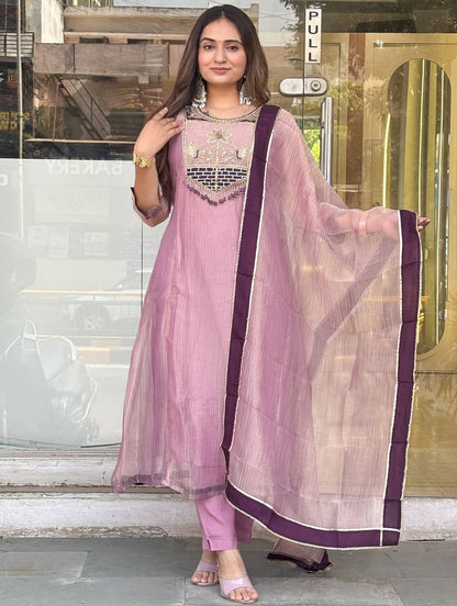 Pastel Green & Pink Embroidered Cotton Blend Straight Kurta with Matching Pants