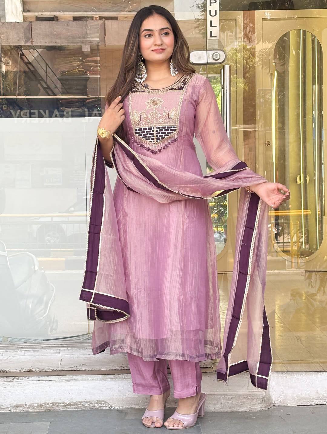 Pastel Green & Pink Embroidered Cotton Blend Straight Kurta with Matching Pants