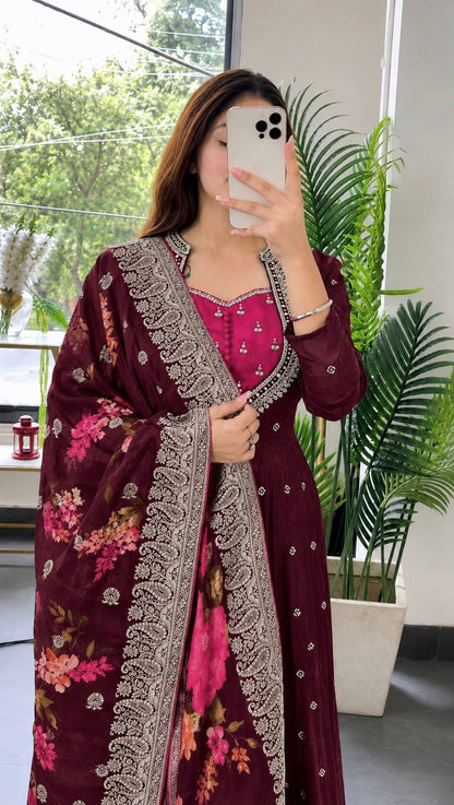 Wine Maroon Floral Embroidered Rayon Kurta with Matching Straight Pants