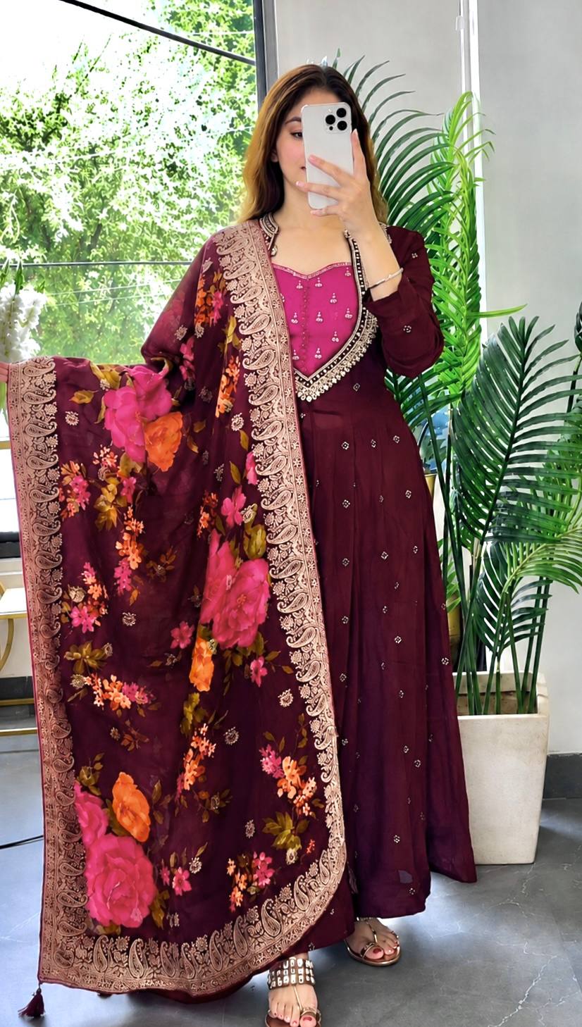 Wine Maroon Floral Embroidered Rayon Kurta with Matching Straight Pants