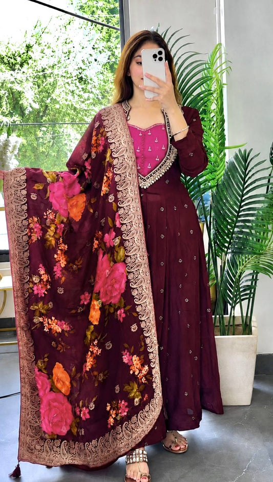 Wine Maroon Floral Embroidered Rayon Kurta with Matching Straight Pants