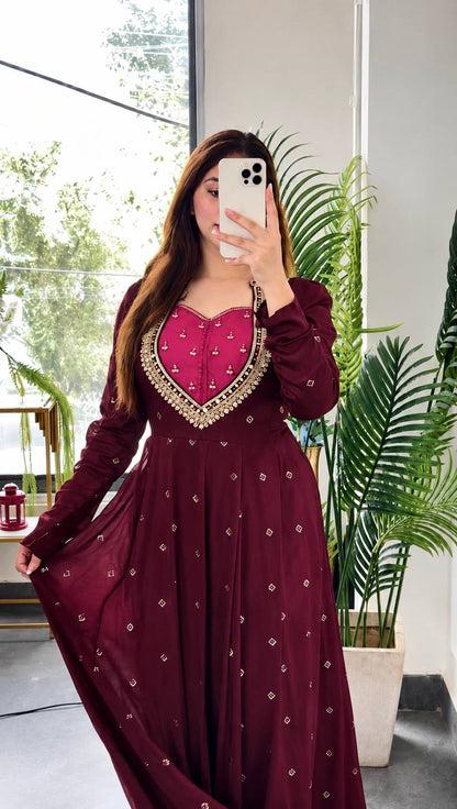 Wine Maroon Floral Embroidered Rayon Kurta with Matching Straight Pants