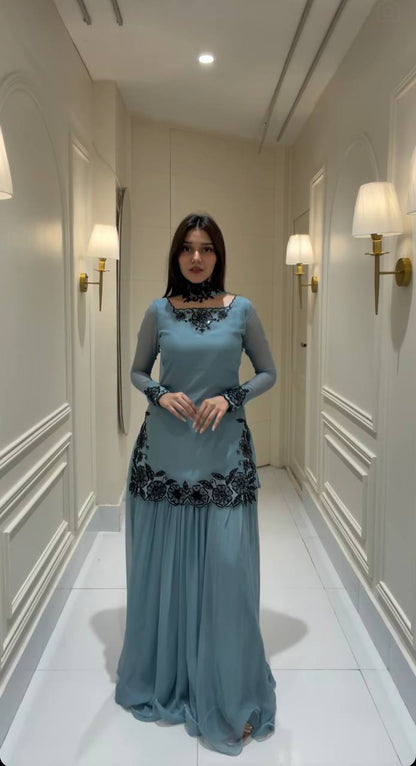 Sky Blue Faux Georgette Embroidered Straight Kurta with Sharara & Dupatta Set