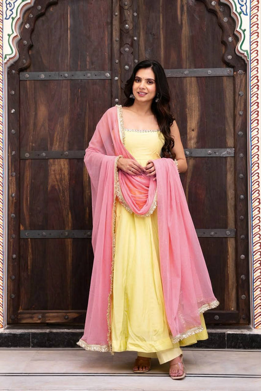 Pastel Yellow Georgette Anarkali Gown with Sequin Neckline & Embellished Peach Dupatta